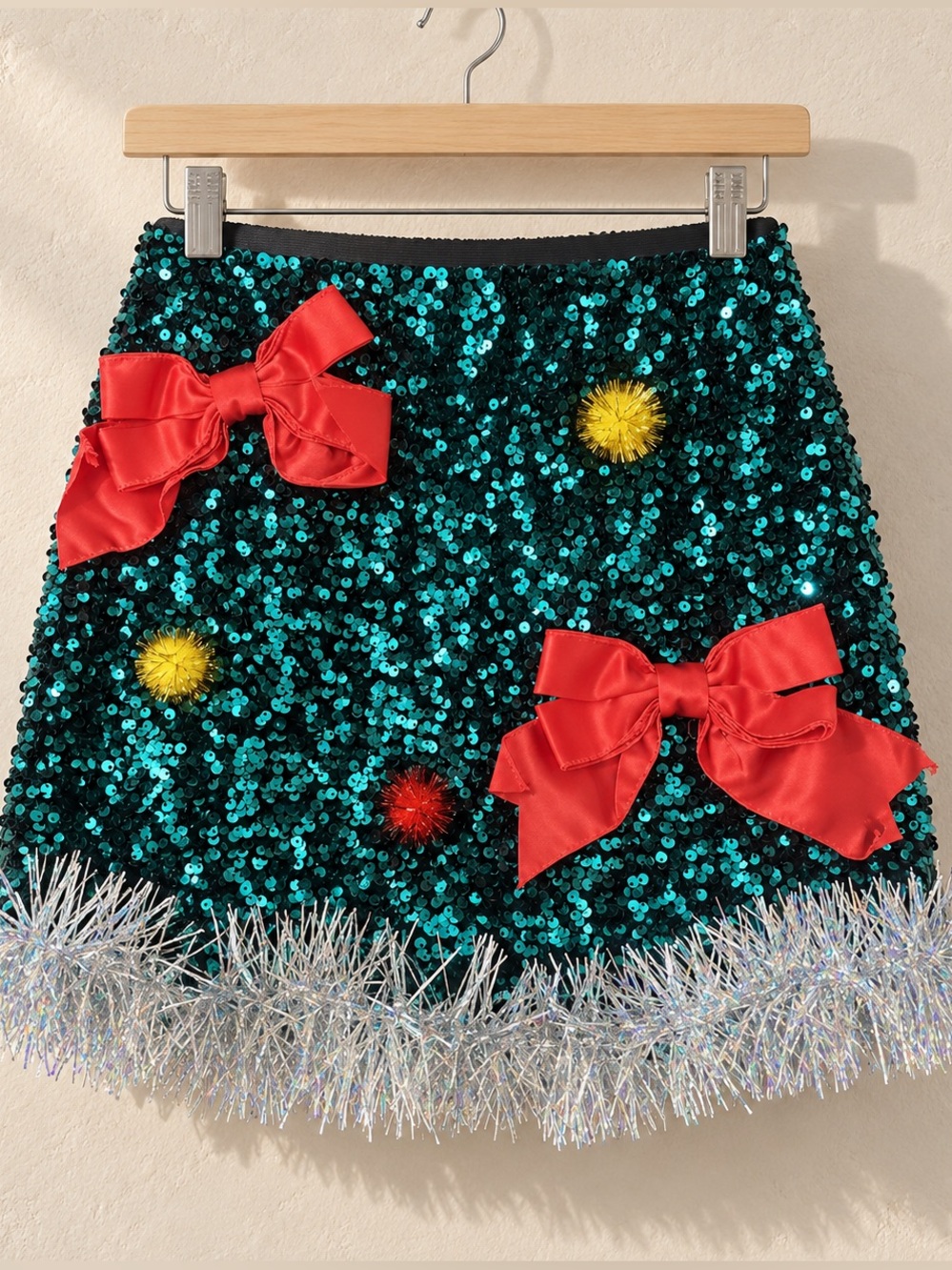 NWT Love on a Hanger Christmas Tree Green Sequin Mini Skirt Red Bows Tinsel M